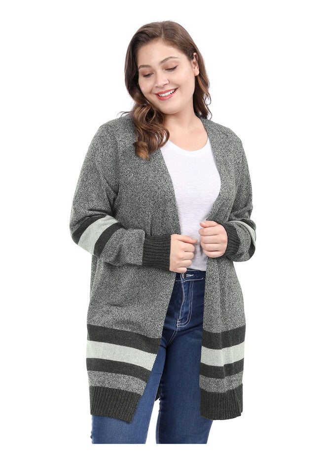 CONTRAST COLOR STRIPED OPEN FRONT KNIT SWEATER CARDIGAN, Black / Black, alternate image number 2