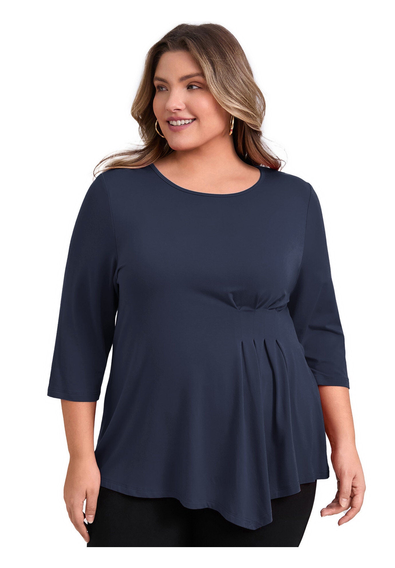 Crew Neck 3/4 Sleeve Waist Pleated Asymmetric Hem Loose Fit Blouse, Dark Blue / Navy, hi-res image number 0