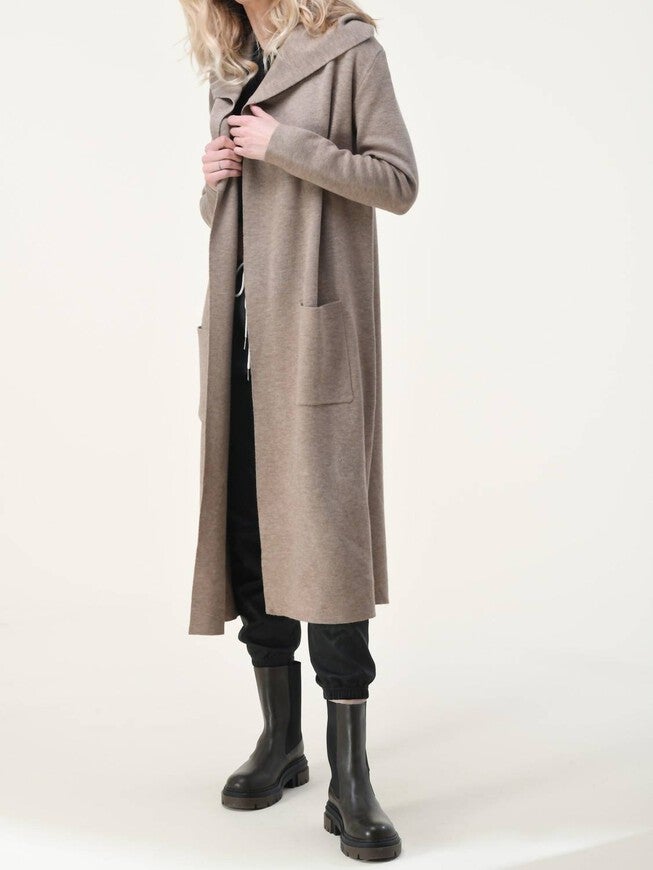 EVA SOLID LONG CARDIGAN WITH HOODIE IN OATMEAL, , alternate image number null