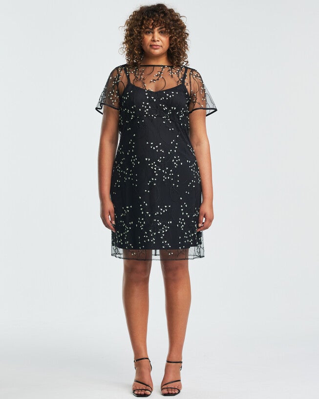 Black Mesh Embroidered Mini Dress | Dia & Co Black Mesh Embroidered Mini Dress | Dia & Co