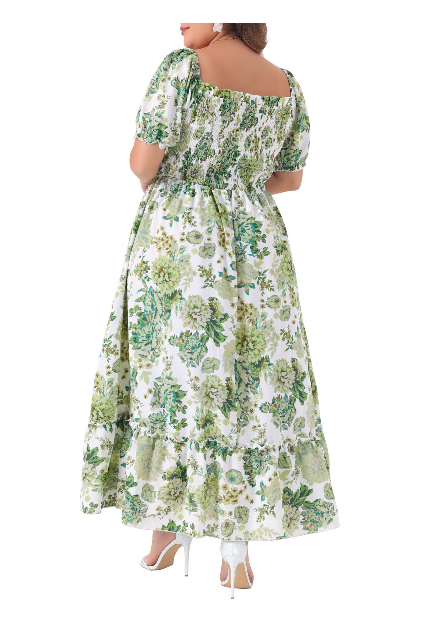 Short Sleeve Shirred Square Neck Floral Maxi Dress, Green / Sage Green, alternate image number 3