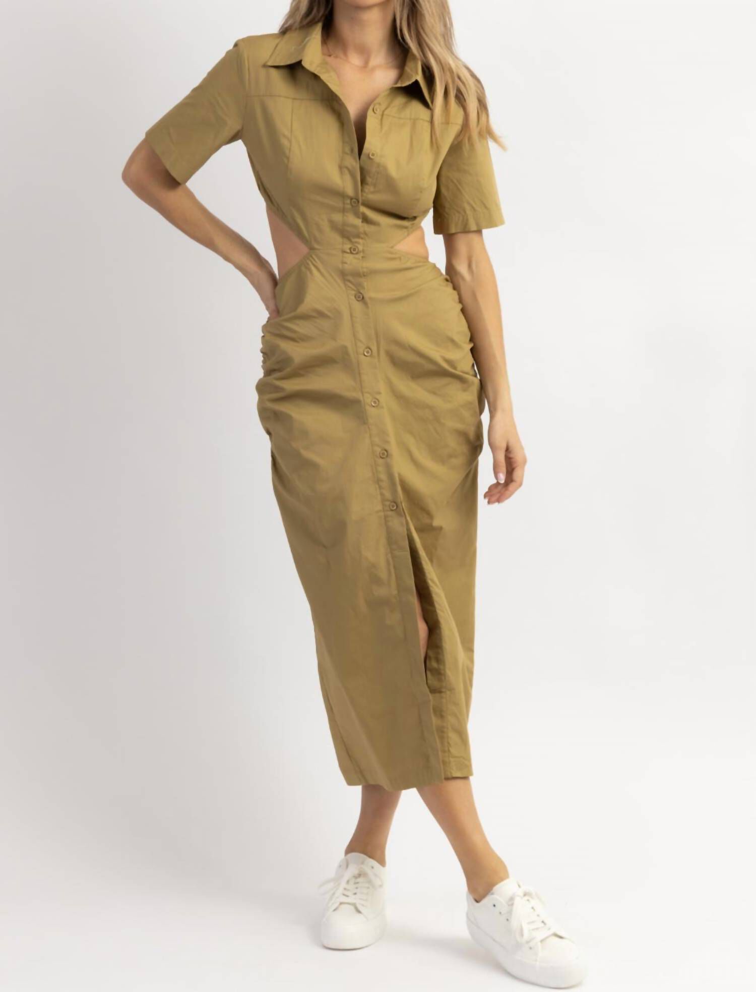 TY CUTOUT SHIRT DRESS IN OLIVE, Olive / Olive Green, hi-res image number 0