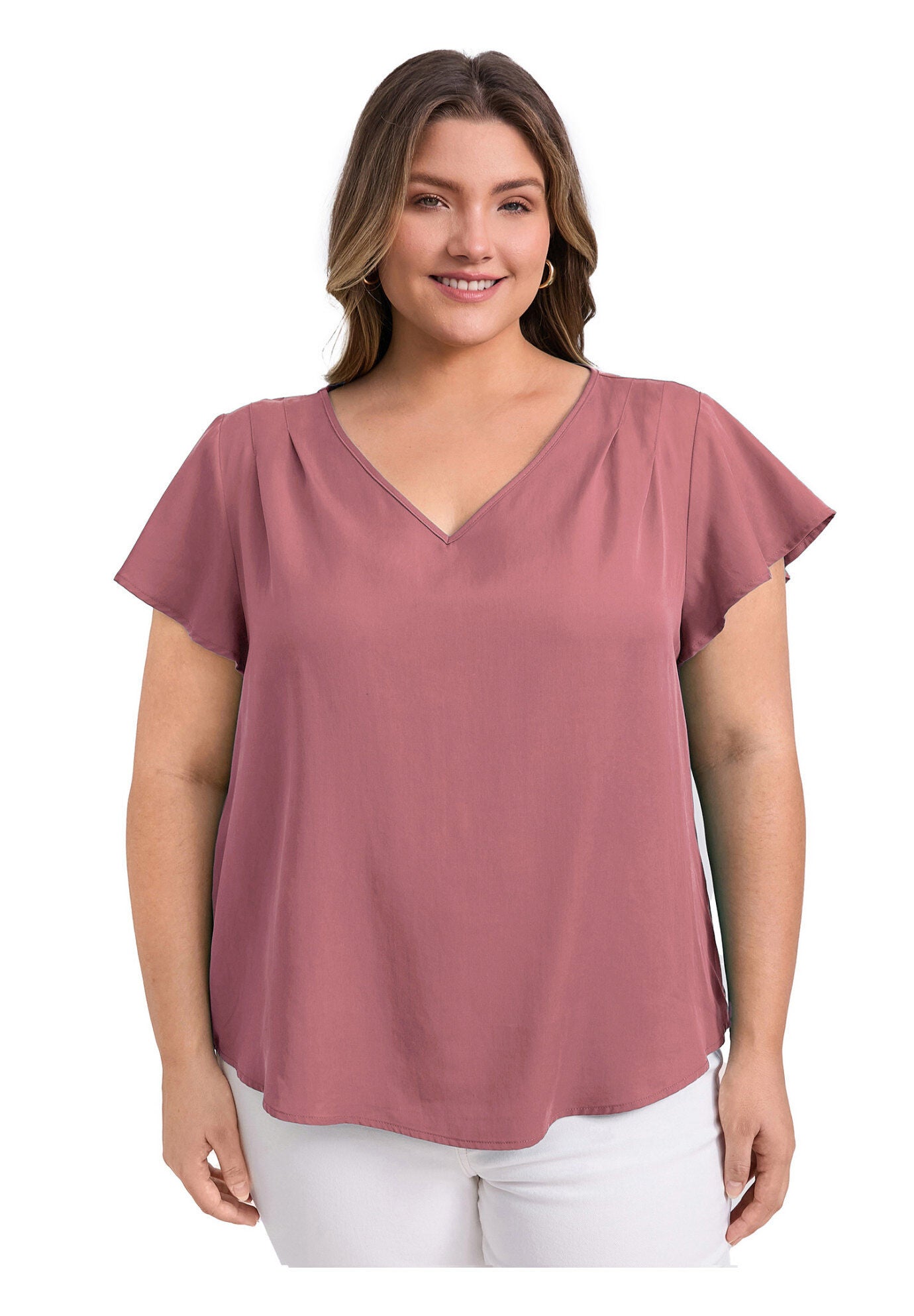 V Neck Shoulder Pleated Ruffle Short Sleeve Blouse, Dark Pink / Pink, hi-res image number 0