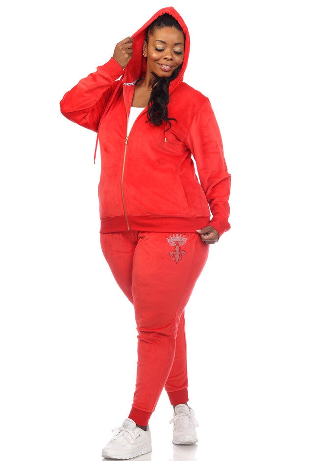 Rhinestone 2 Piece Velour Tracksuit Set, Red / Red, alternate image number null