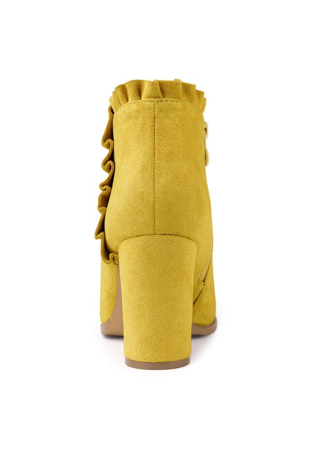 RUFFLE BLOCK HEEL ANKLE BOOTS, Yellow / Yellow, alternate image number 2