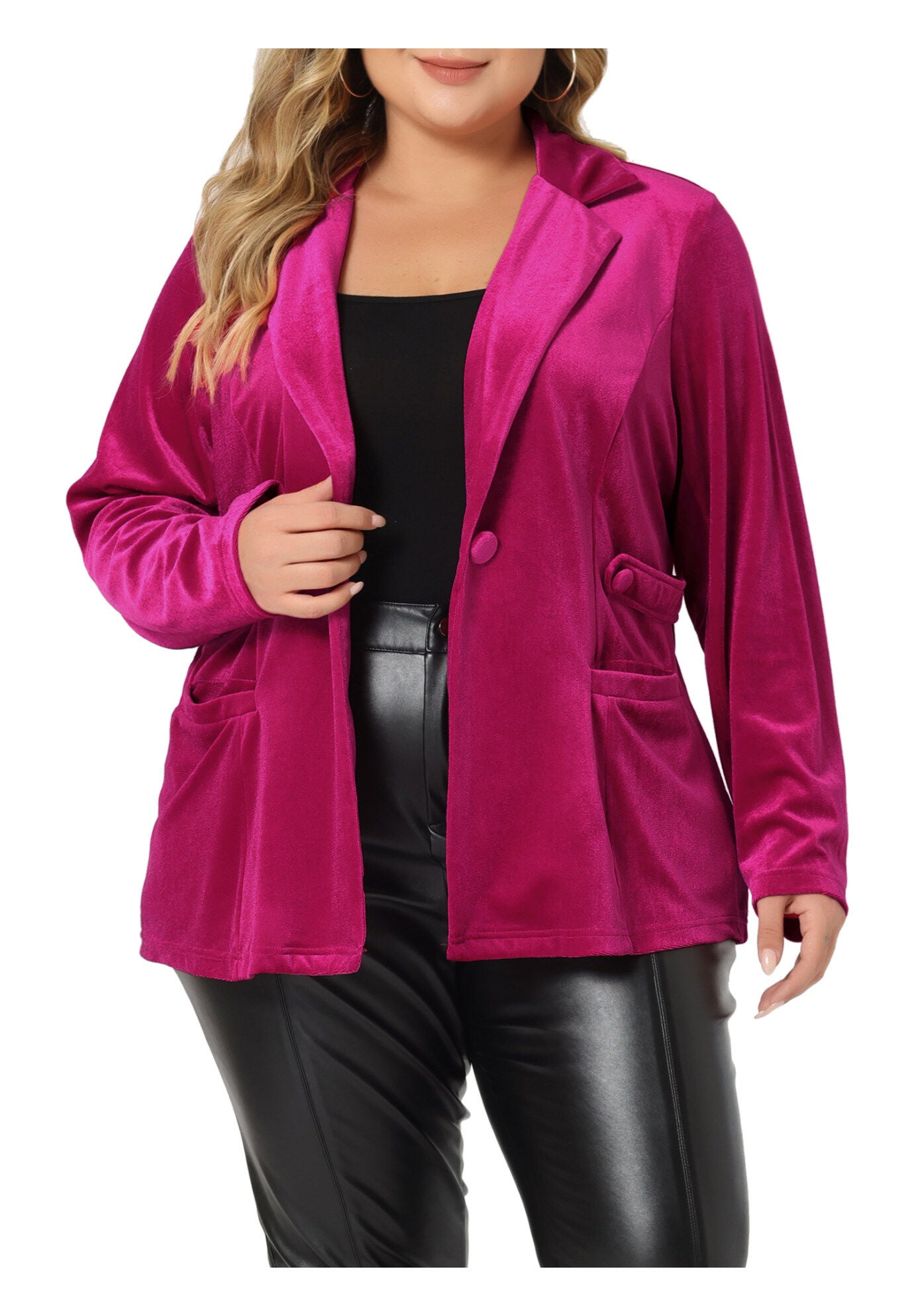 VINTAGE VELVET BUTTON NOTCHED LAPEL BLAZER, Hot Pink / Deep Fuchsia, alternate image number 2