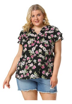 Floral Printed Ruffle Trim V Neck Layered Sleeve Blouse