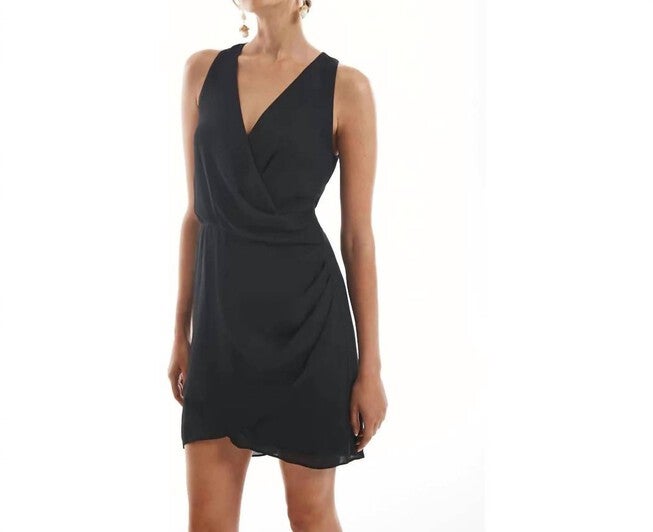 KRISA DRAPED SURPLICE WRAP DRESS IN BLACK, Black / Black, hi-res image number null