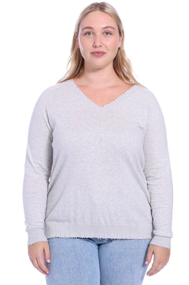 Cotton Cashmere Distressed Long Sleeve V-Neck Sweater, Light Heather Grey / Light Grey, hi-res image number 0