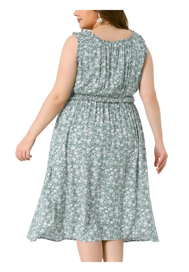 Square Neck Sleeveless Floral Flowy Stretchy Waist Midi Summer Dress, Green White / Light Green, alternate image number null