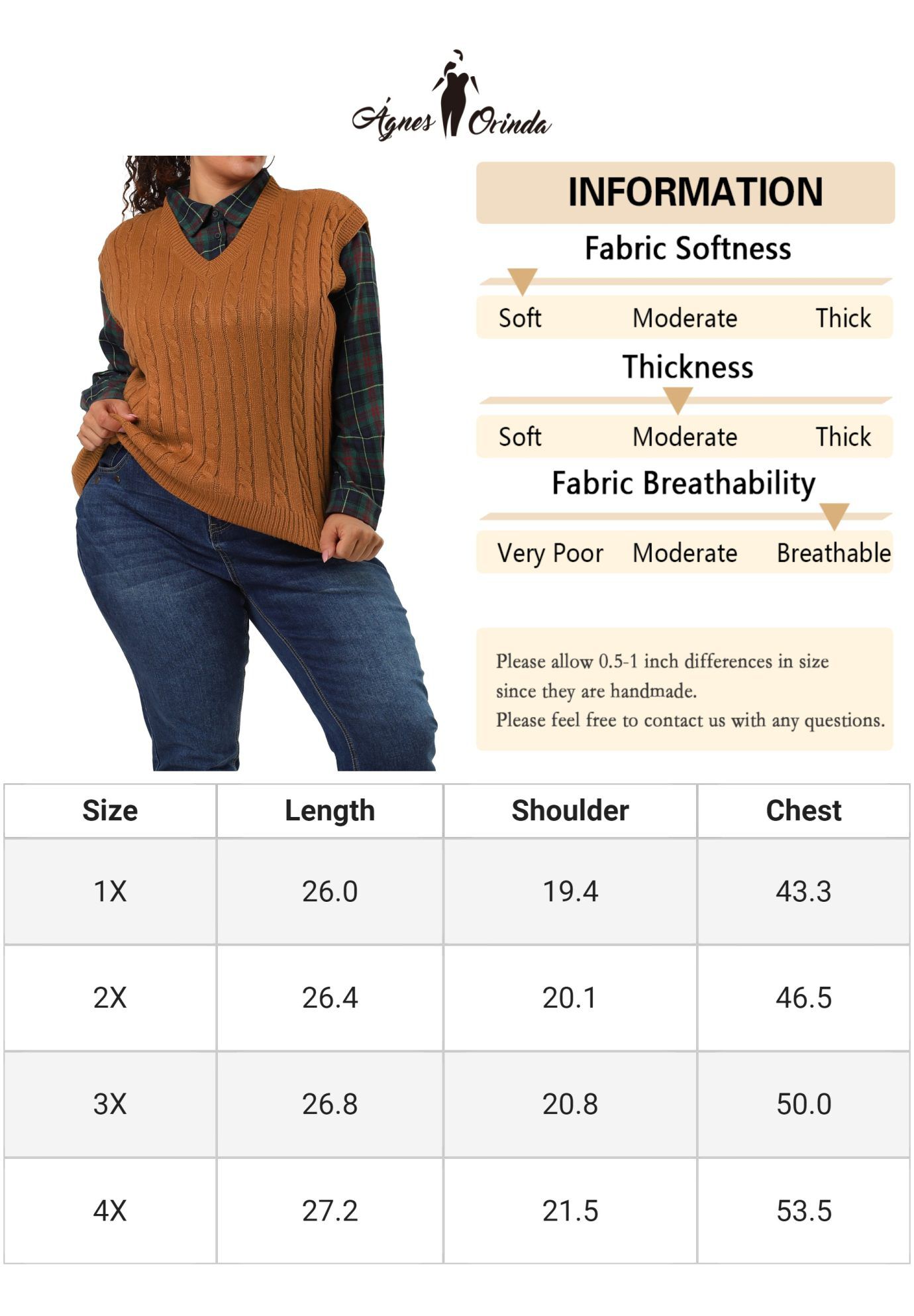 V Neck Cable Knit Sweater Sleeveless Pullover Sweater Vest, Brown / Brown, alternate image number 4