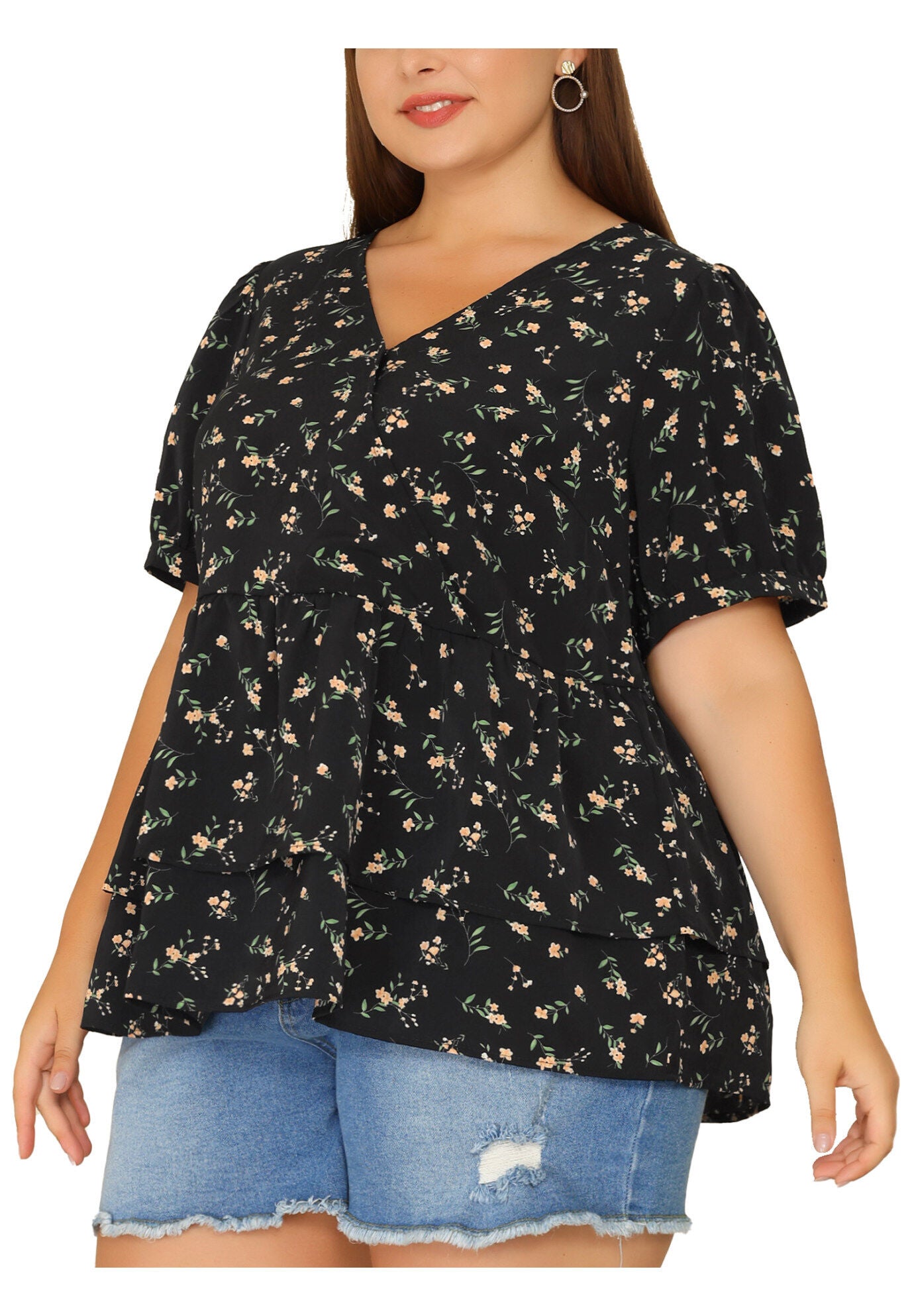V Neck Short Sleeve Layered Peplum Top Summer Floral Blouse, Black / Black, alternate image number 1