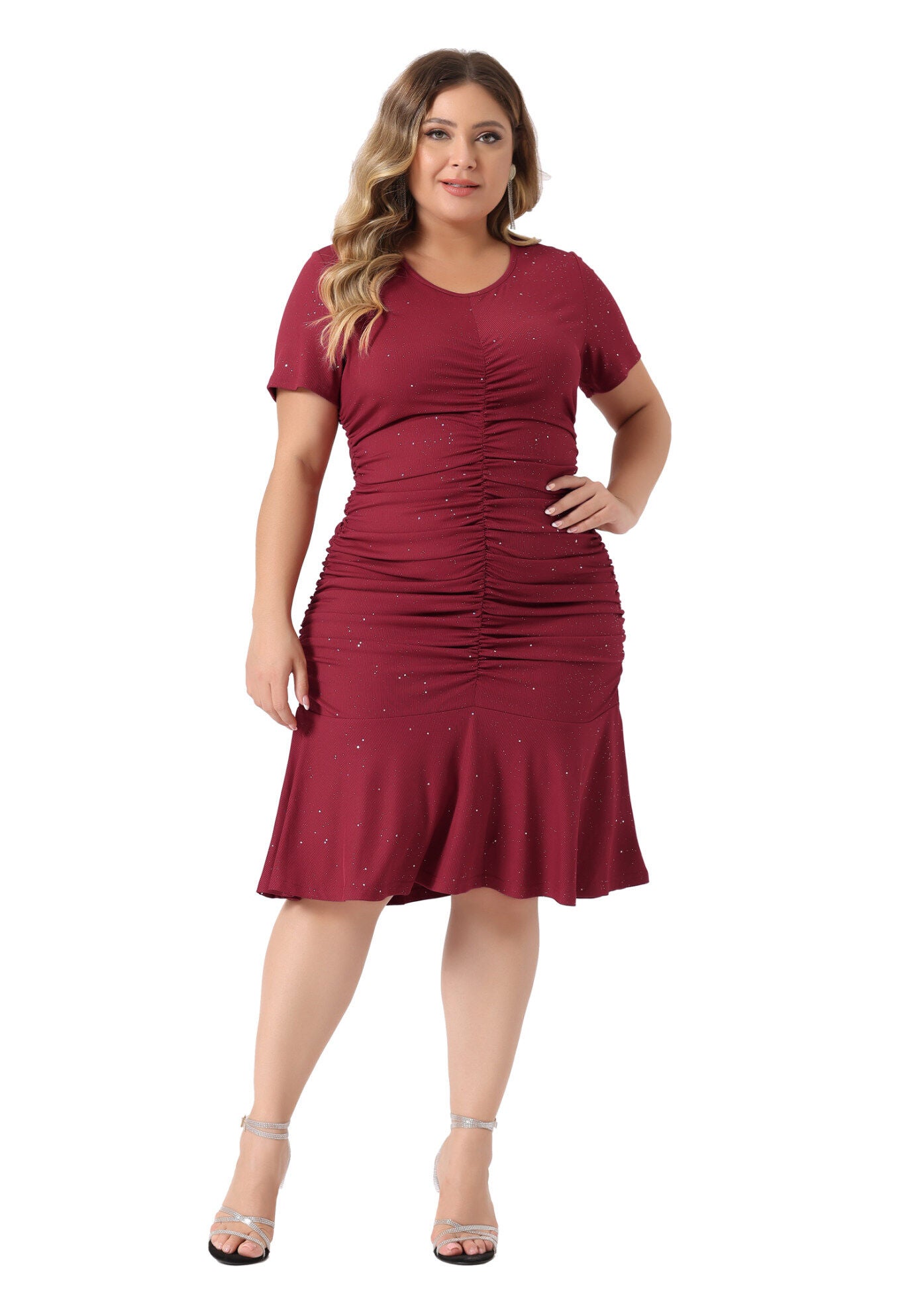 V Neck Short Sleeve Sequin Ruched Elegant Party Cocktail Dress, Burgundy / Burgundy, hi-res image number 0