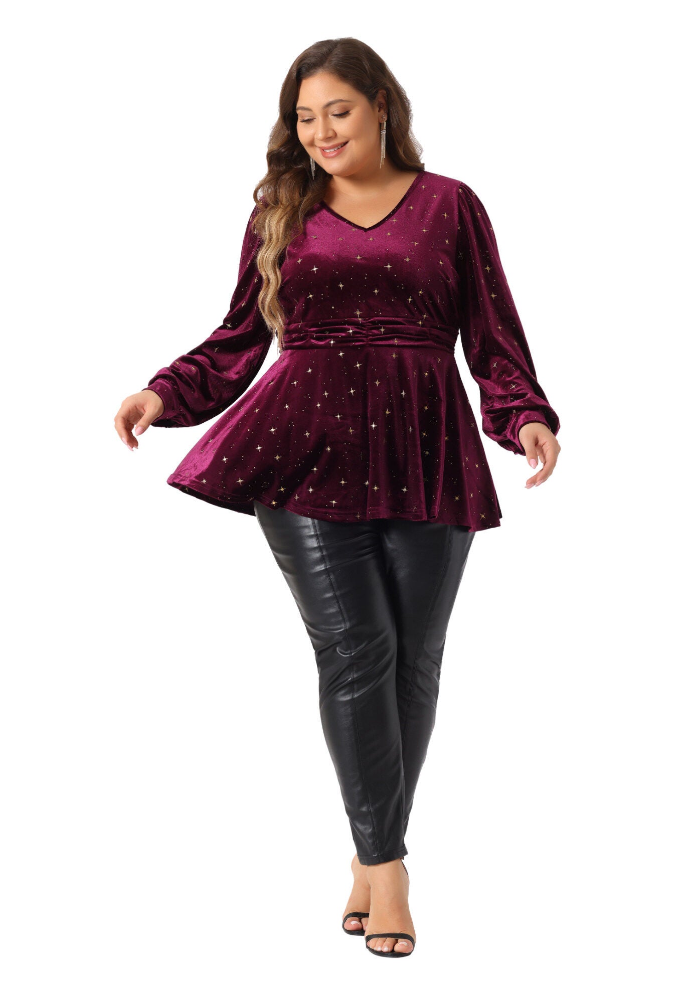 Velvet V Neck Long Sleeve Shiny Metallic Star Blouse Top, Burgundy / Burgundy, hi-res image number 0