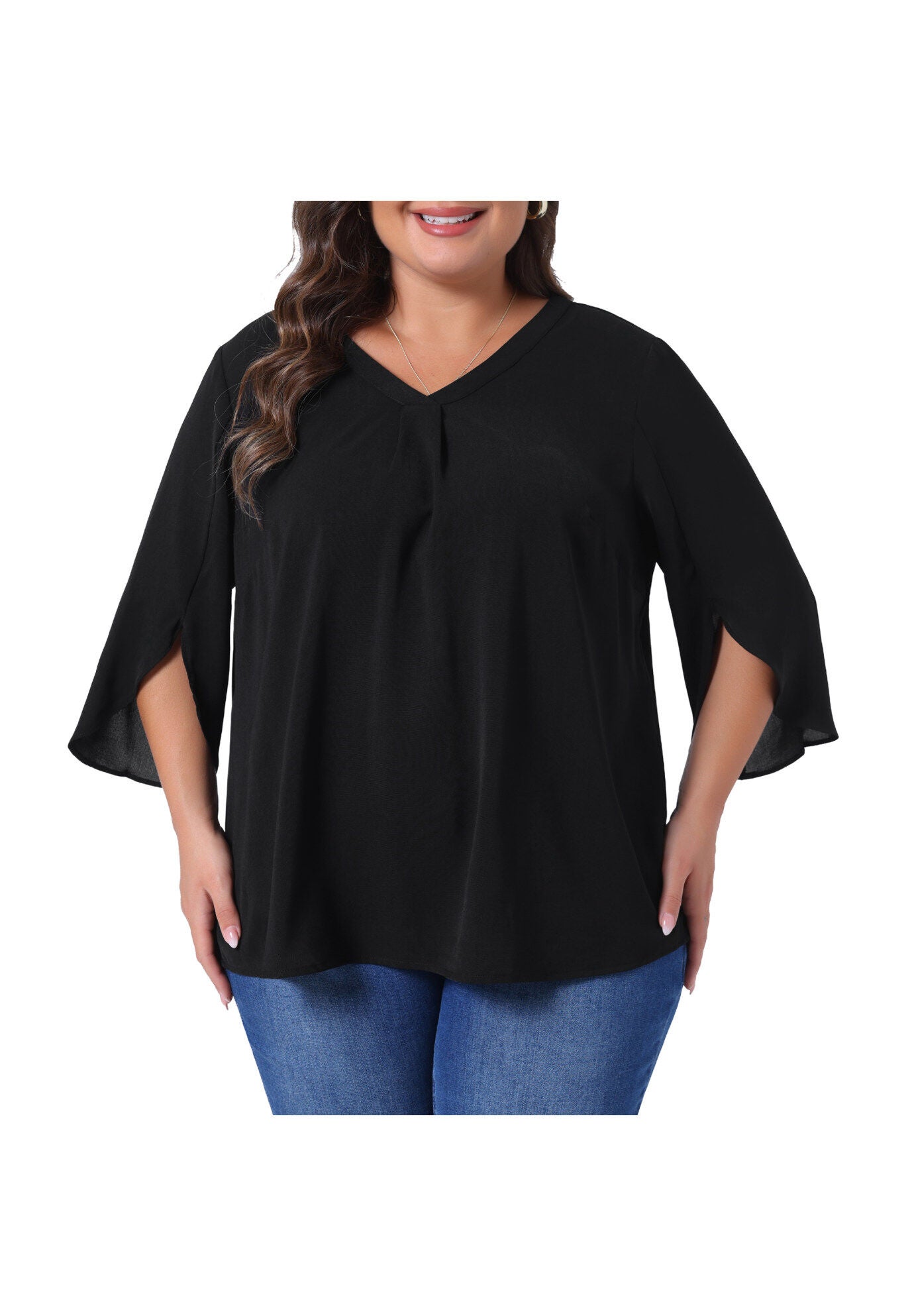 3/4 Sleeve V Neck Chiffon Shirt Tunic Top, All Black / Black, alternate image number 2