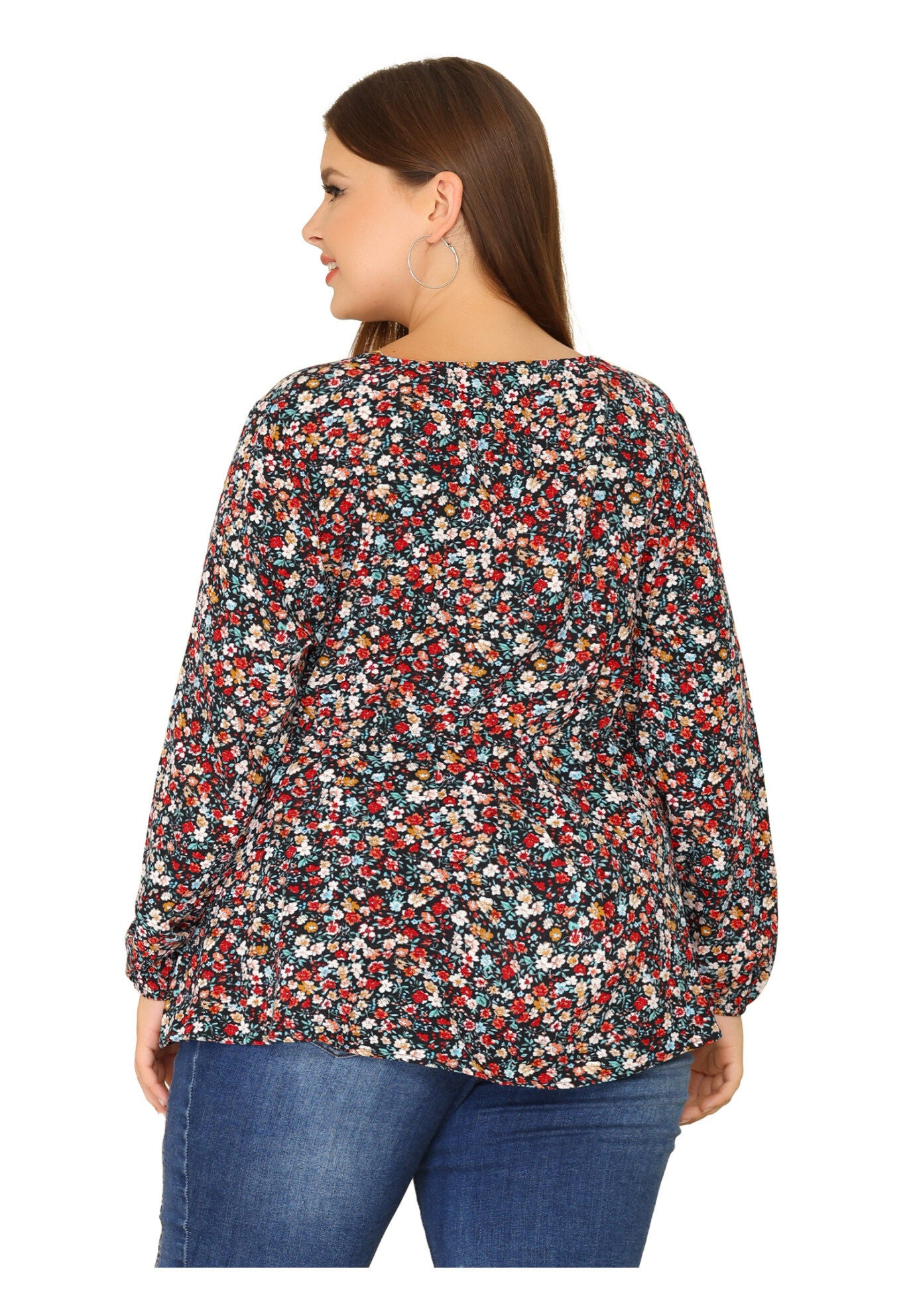 Floral Print Long Sleeves Belt Tie Ruffle Casual Peplum Top, Black / Black, alternate image number 3