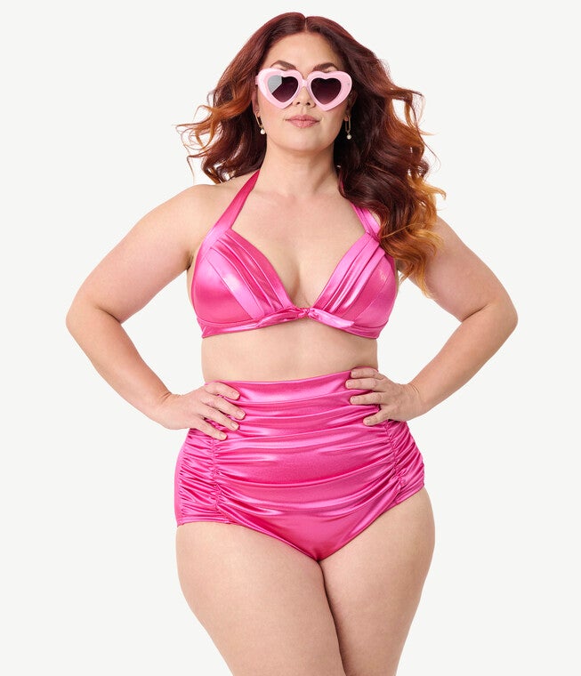 Unique Vintage Plus Size Pink Shimmer Monroe Halter Swim Top, Pink / Pink, alternate image number 2