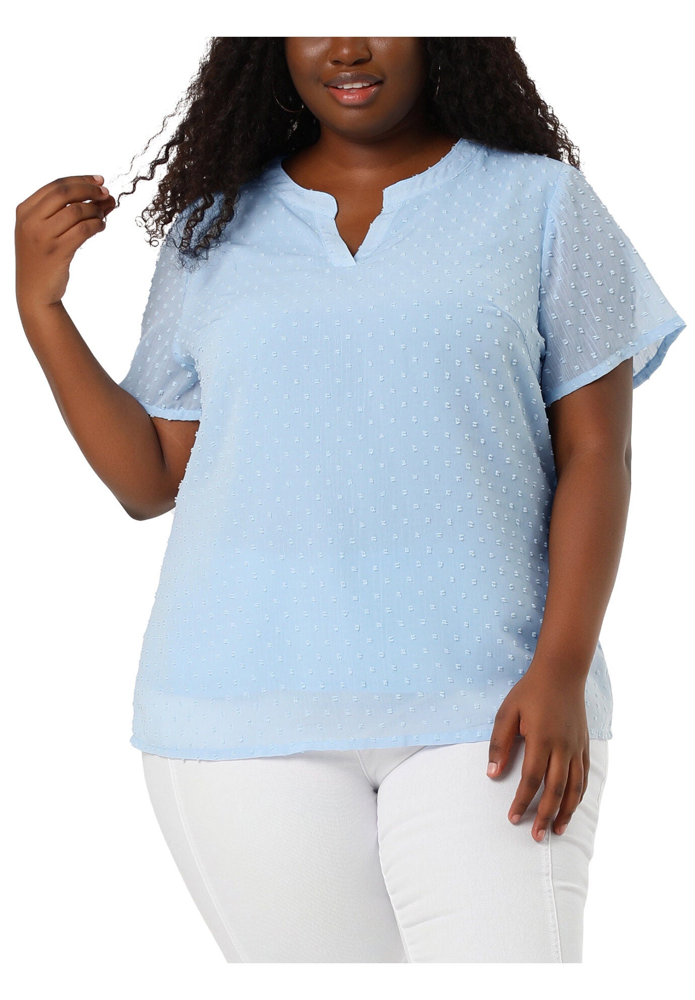 Swiss Dots Notched Neck Short Sleeve Basic Blouse, Blue / Dusty Blue, alternate image number 2