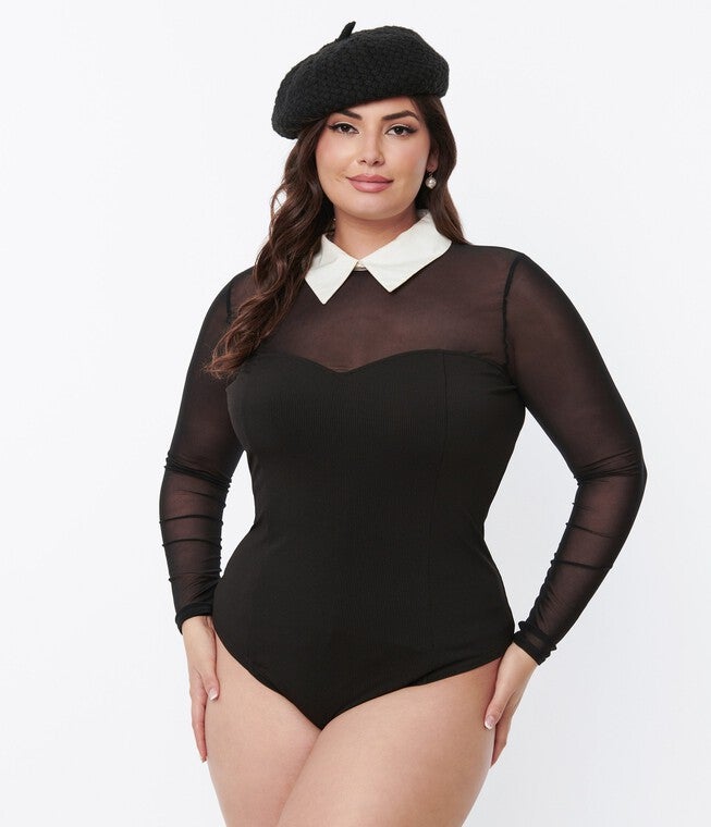 Unique Vintage Black Mesh Bodysuit, Black Mesh / Black, alternate image number 1