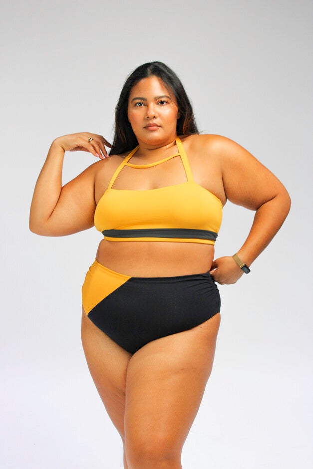 Moe vintage inspired halter bikini top, Mustard Yellow and Dark Grey / Mustard, alternate image number 1