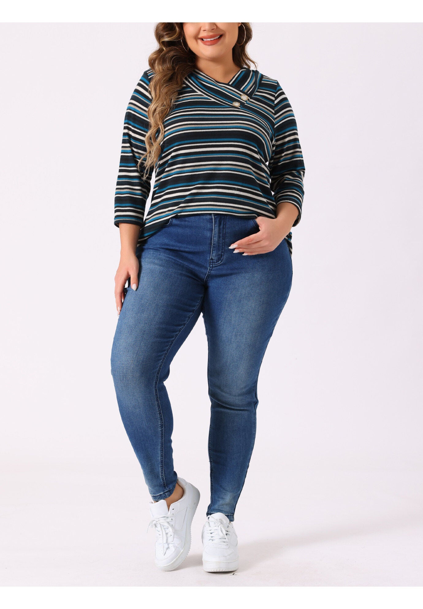 Stripe 3/4 Sleeve Tunic V Neck Knit Blouse, Blue Apricot / Navy, alternate image number 1