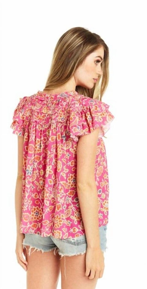 LIZA RUFFLE TRIM BLOUSE IN ALESSANDRA PINK PRINT, , alternate image number null