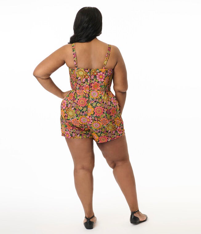 Unique Vintage Plus Size Kaleidoscope Floral Print Skirted Dolly Romper, Orange / Orange, alternate image number 2