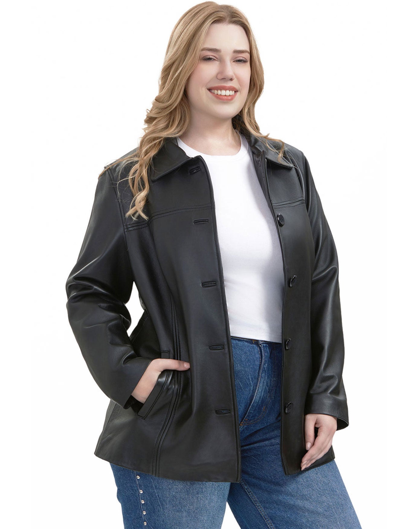 Evie Leather Car Coat, Black, hi-res image number 0
