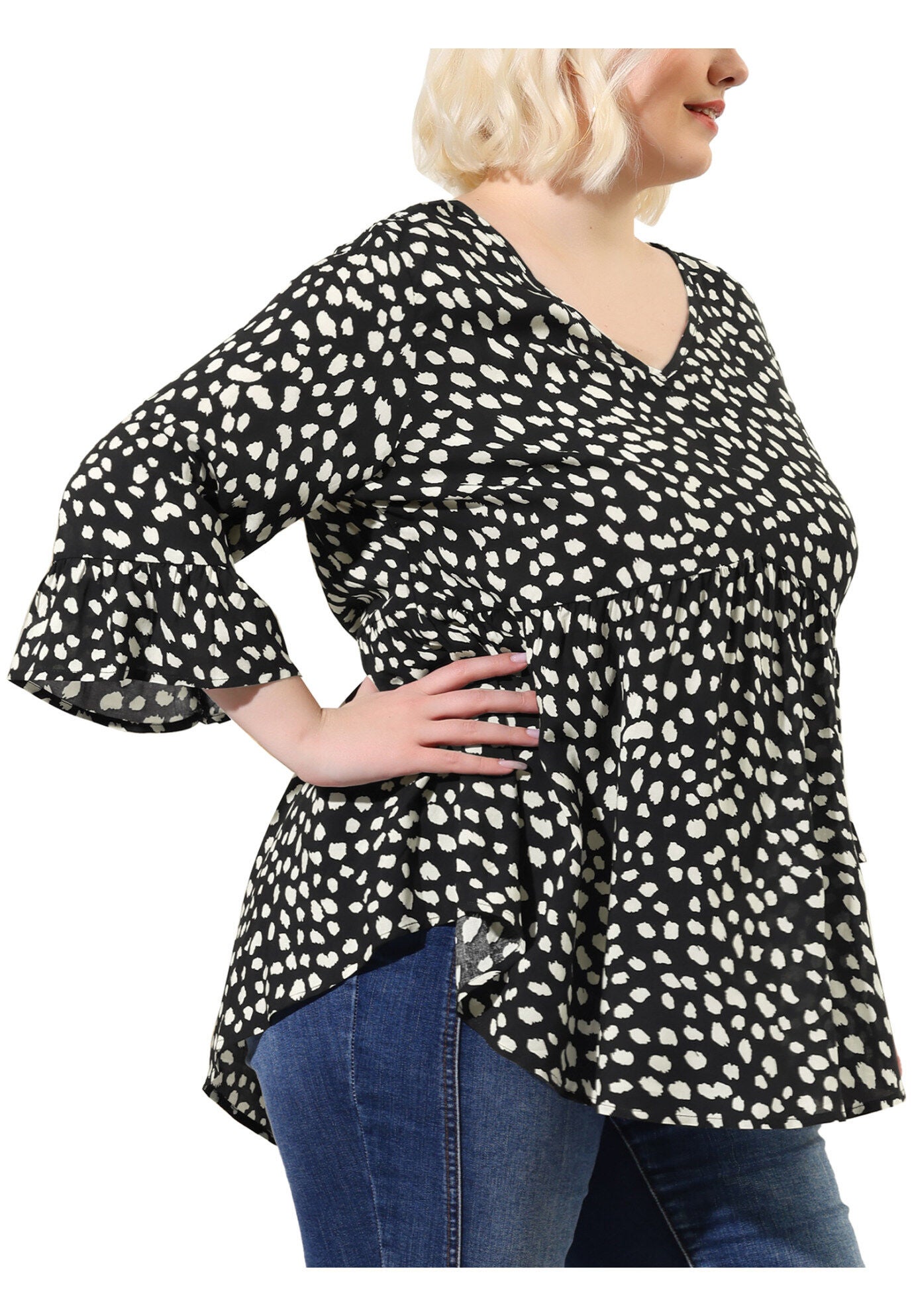 Polka Dots Blouse 3/4 Ruffle Sleeve Peplum Top, Black / Black, alternate image number 1