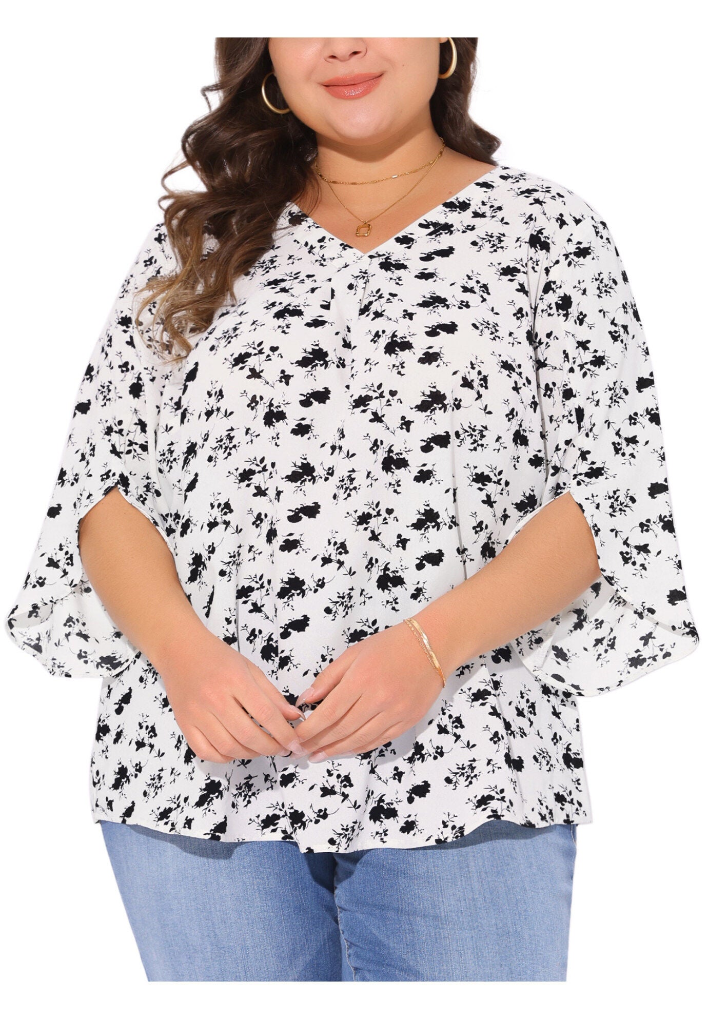 3/4 Sleeve V Neck Chiffon Shirt Tunic Top, White / White, alternate image number 1