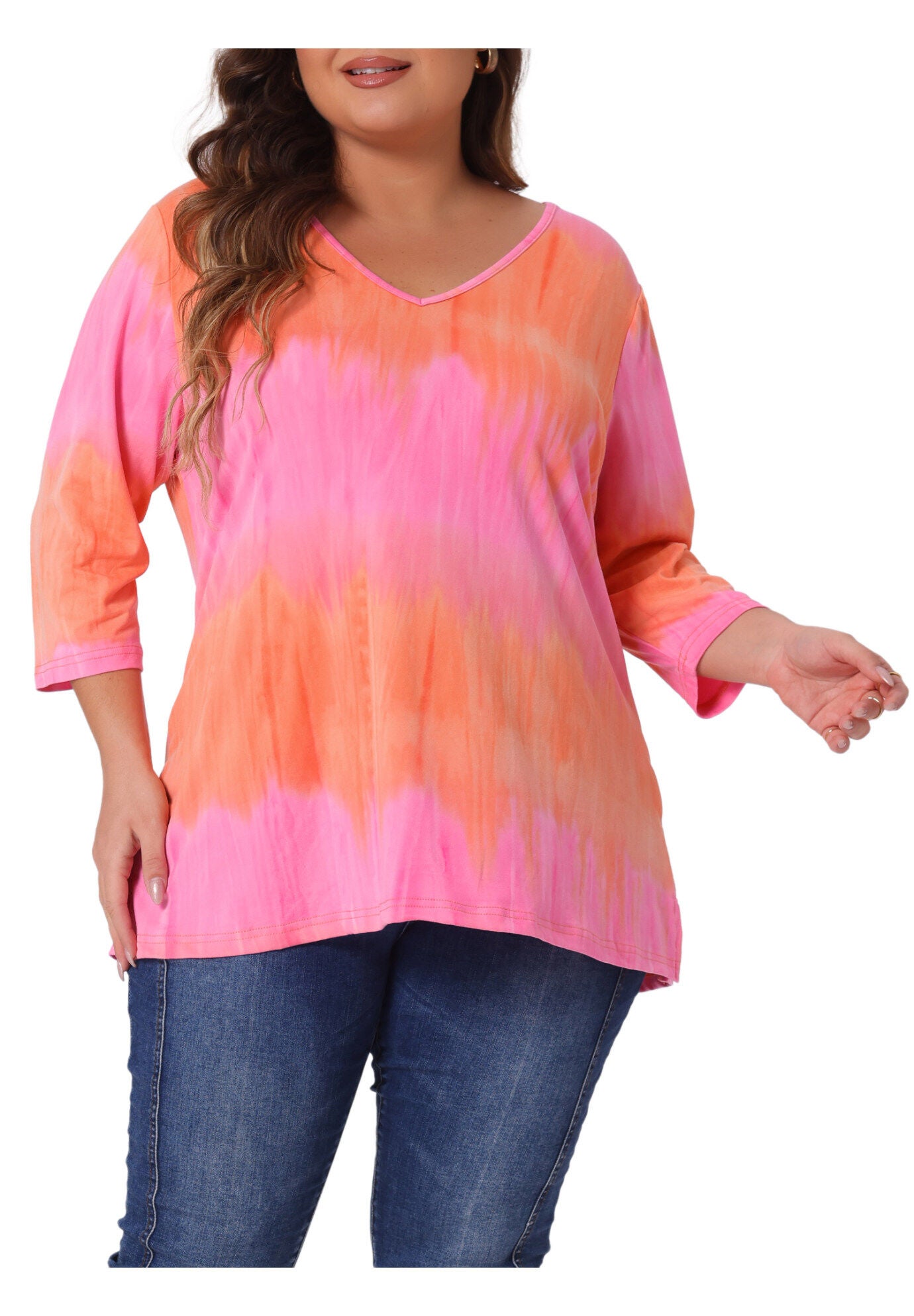 V Neck 3/4 Sleeve Loose Casual Striped Tie Dye Print T-Shirt Top, Pink / Pink, alternate image number 2
