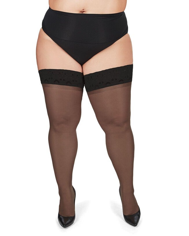 Plus Size Curvy Silky Sheer Lace Top Thigh High Stocking, Black / Black, alternate image number 1