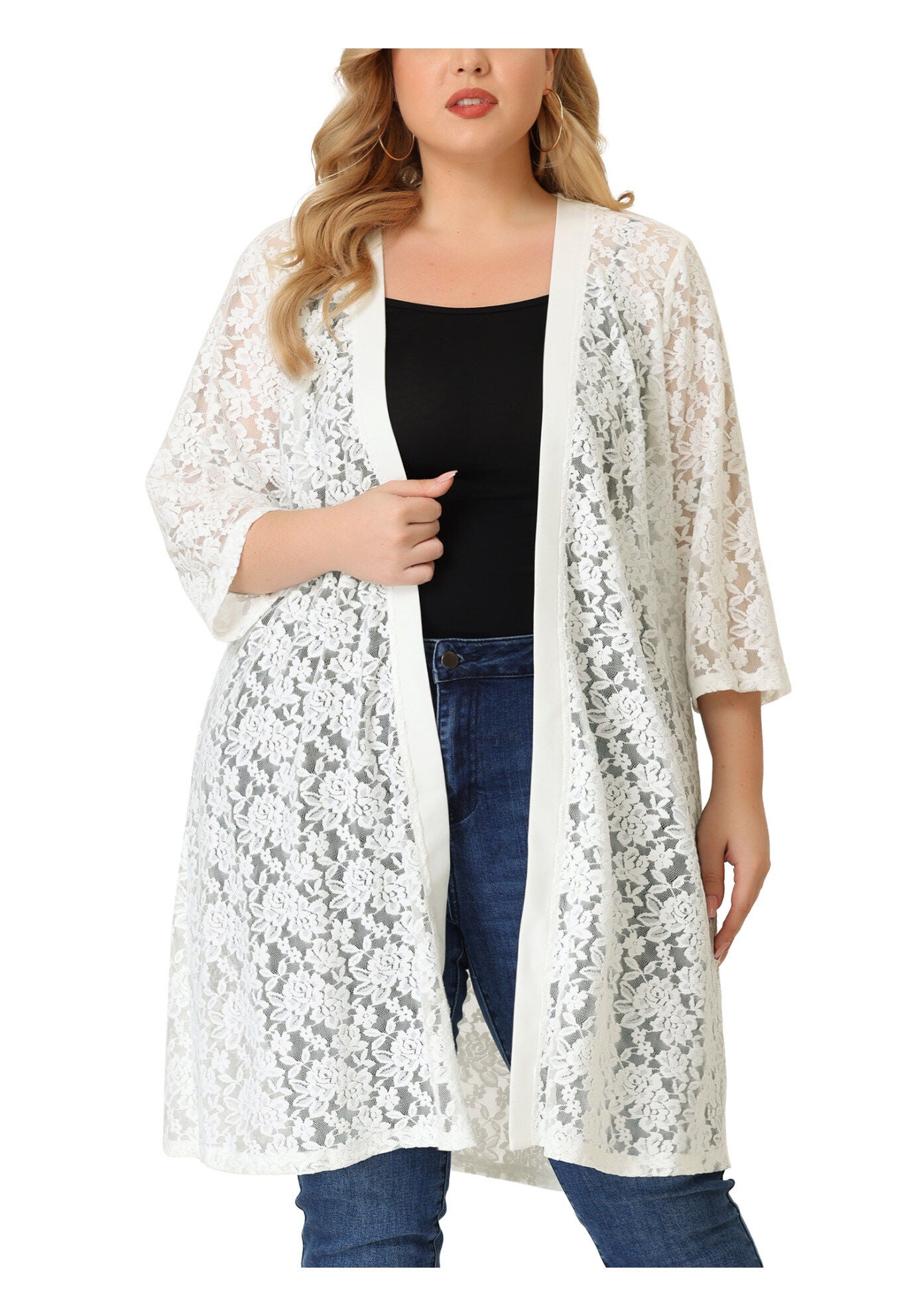 LACE CROCHET 3/4 SLEEVE COVER UP CARDIGAN, White / White, hi-res image number 0