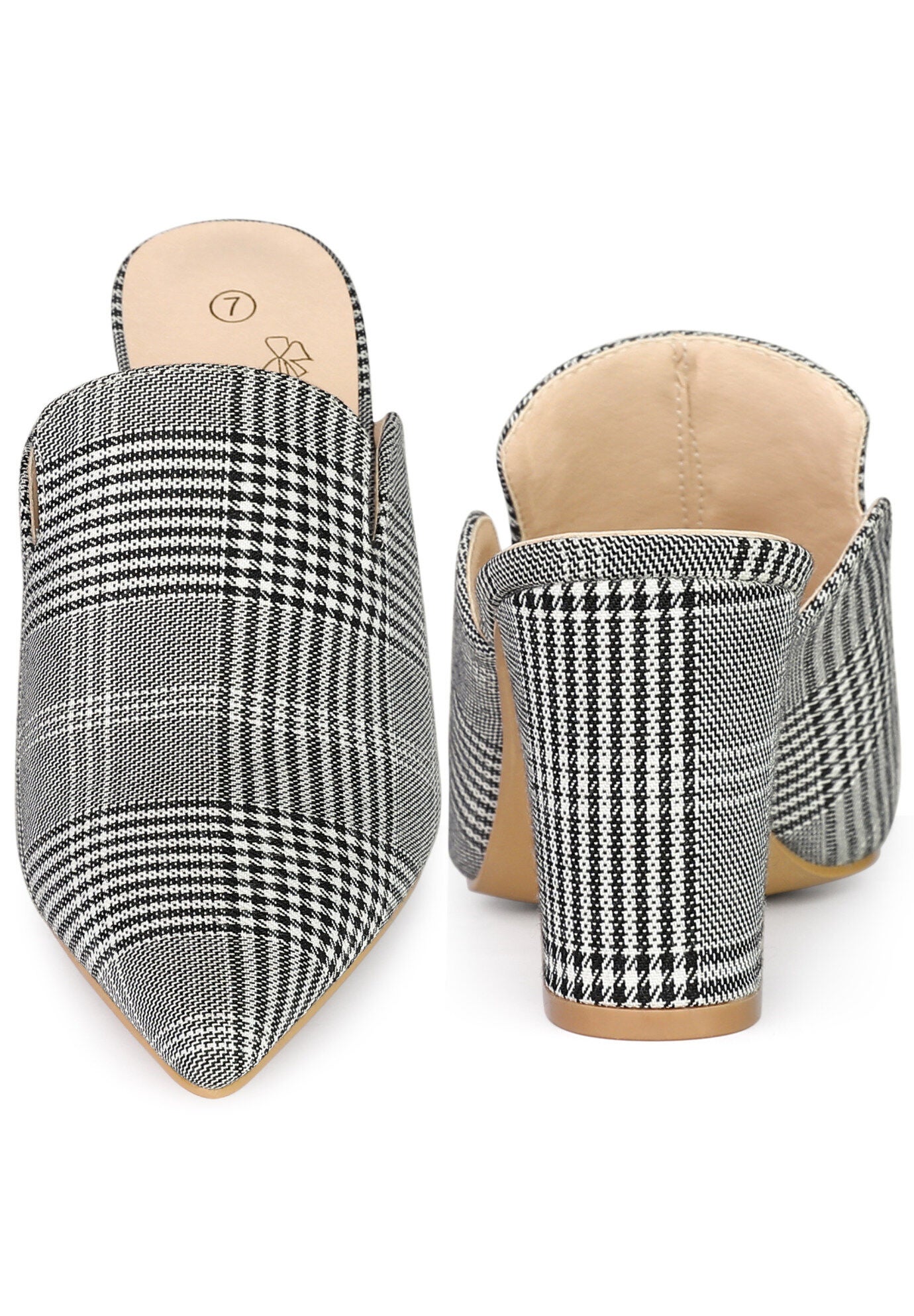 Pointed Toe Slip on Chunky Heels Houndstooth Slide Mules, Black White / Cool Gray, alternate image number 1