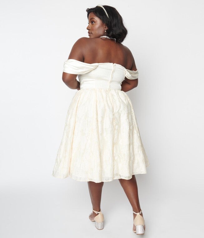 Unique Vintage 1950s Ivory Floral Off Shoulder Flare Dress, White / White, alternate image number null