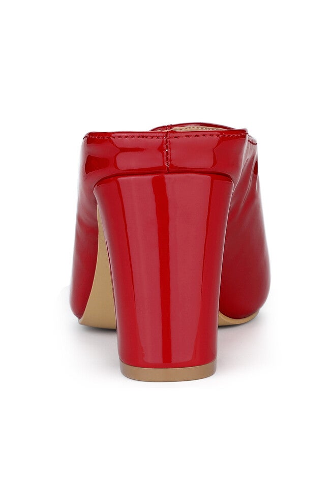 Pointed Toe Pearl Bow Chunky Heel Slide Mules, Red / Red, alternate image number null