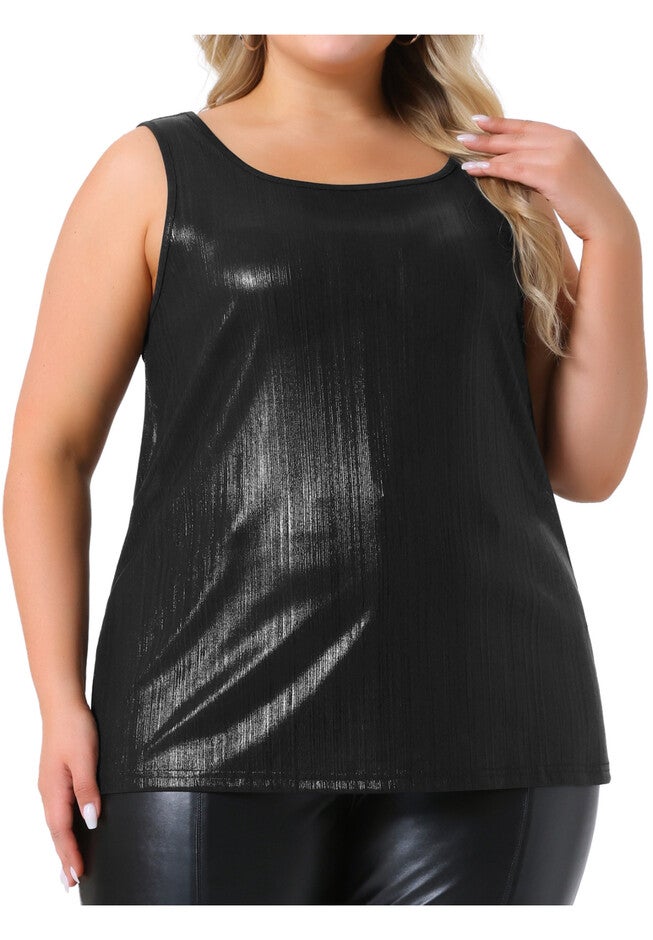 Crew Neck Sleeveless Holographic Shiny Metallic Tank Top, Black / Black, alternate image number 2