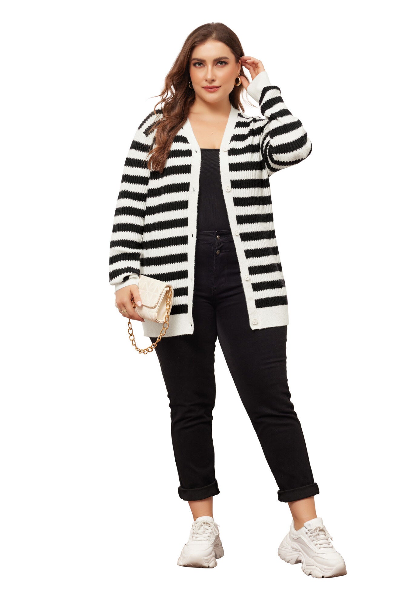 V NECK BUTTON DOWN OPEN FRONT STRIPED KNIT CARDIGAN, Blue / Navy, hi-res image number 0