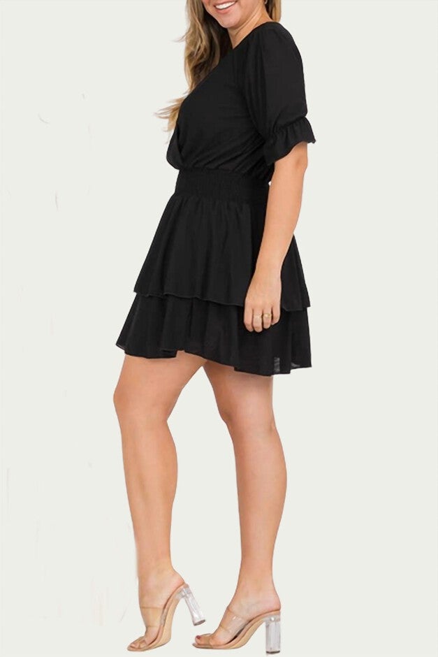 SMOCKED SURPLICE WOVEN MINI DRESS IN BLACK, Black / Black, alternate image number 2