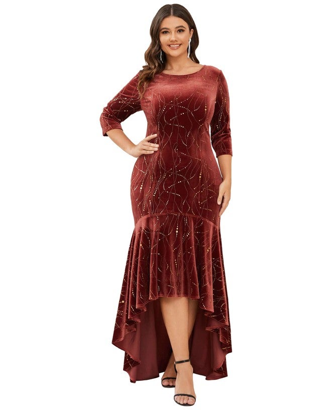 Women's Stylish Bodycon High-Low Velvet Party Dress, Brick Red / Red, hi-res image number null