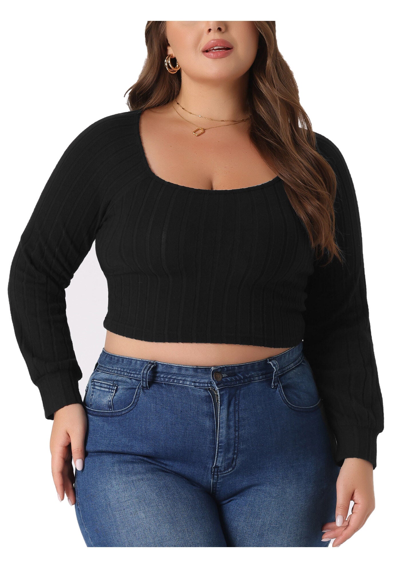 Square Neck Long Sleeve Slim Fitted T-Shirt Crop Tee Top, Black / Black, alternate image number 1