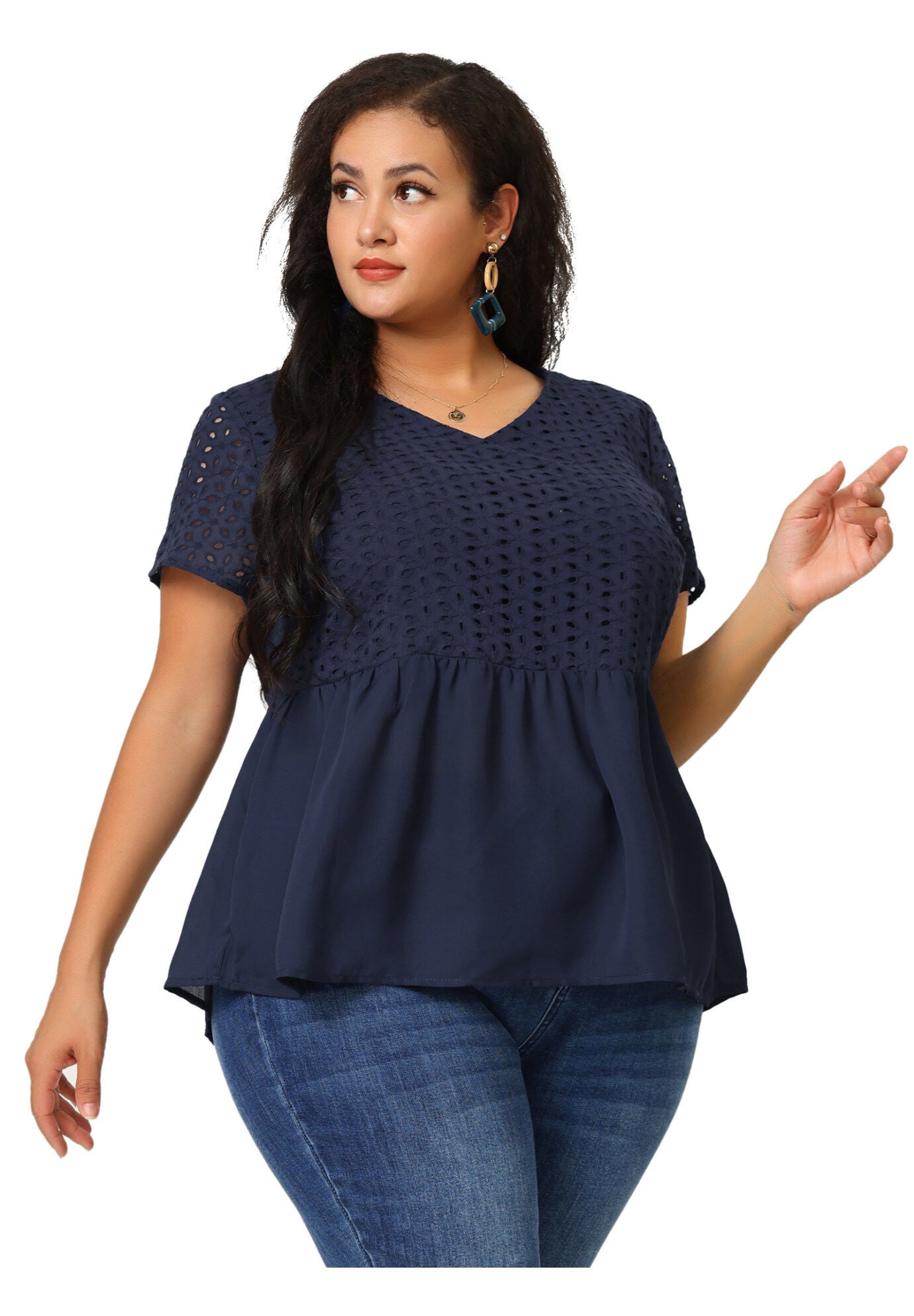 PEPLUM BLOUSE SUMMER SHORT SLEEVES V NECK BABYDOLL TOP, Dark Blue / Navy, alternate image number 3