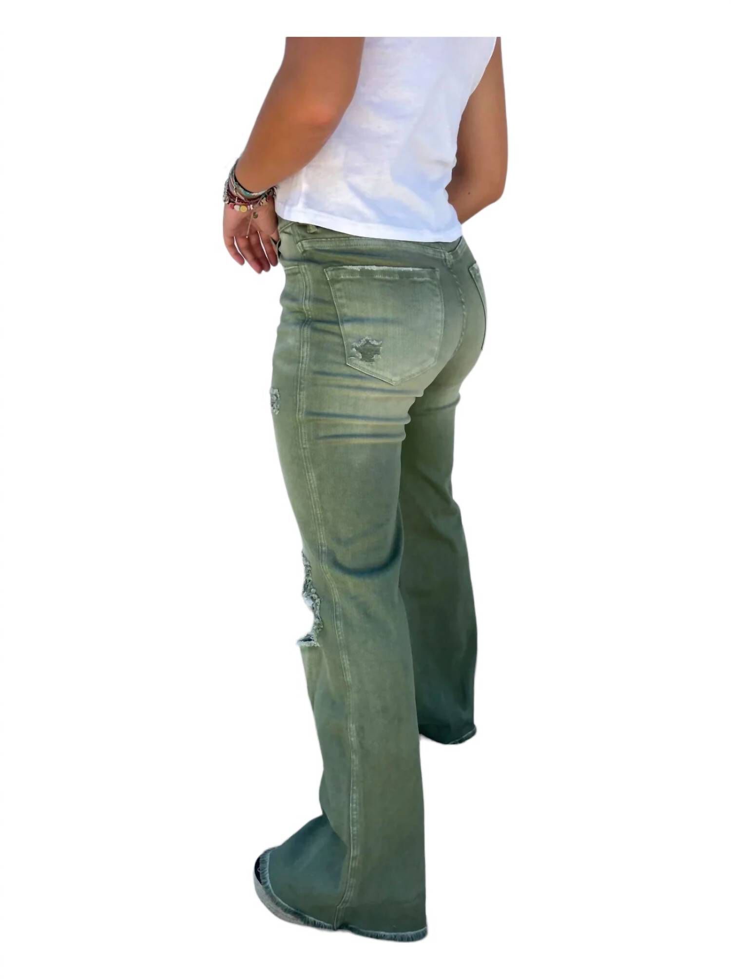FLARED DISTRESSED JEANS, Olive / Olive Green, alternate image number 2