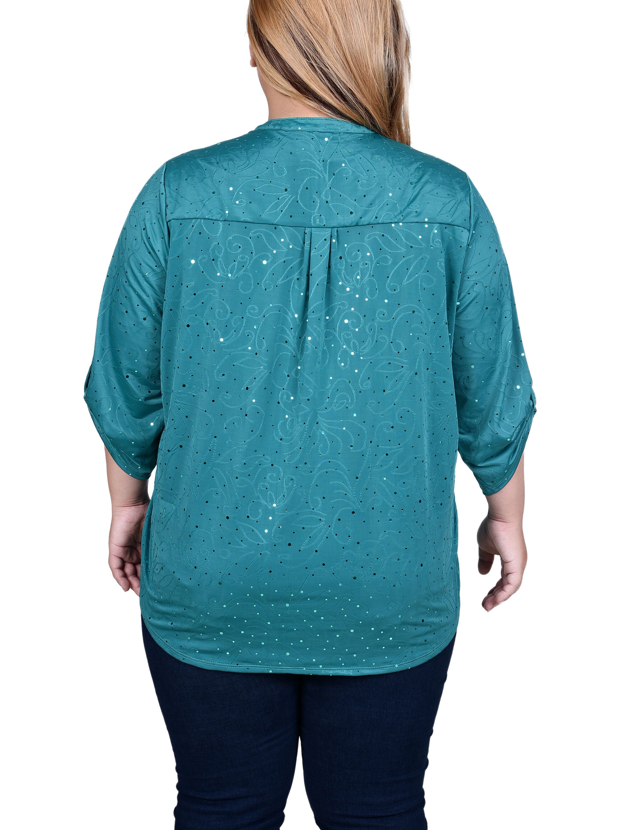 3/4 Sleeve Roll Tab Y Neck Top, Emerald, alternate image number 1