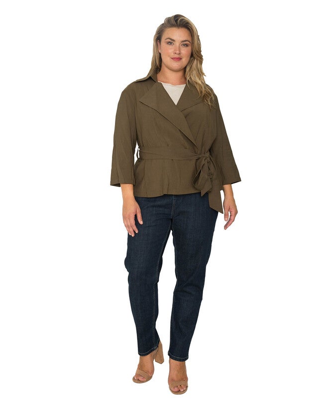 Plus Size Vanessa Cropped Quarter Sleeve Wrap Trench Jacket, Olive / Olive Green, alternate image number 3
