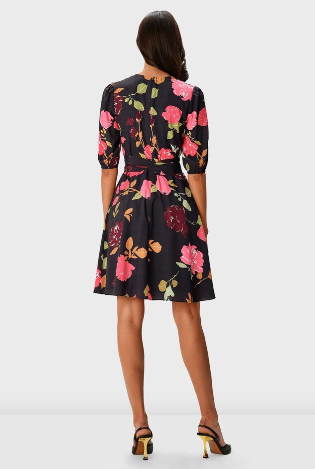 Floral Print Crepe Obi Belt A-Line Dress, , alternate image number null