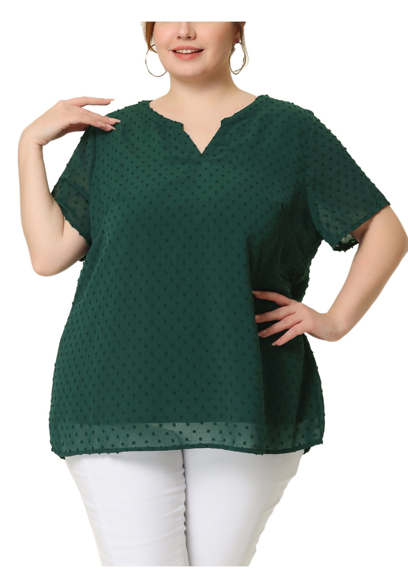 Swiss Dots Notched Neck Short Sleeve Basic Blouse, Dark Green / Hunter Green, alternate image number 2