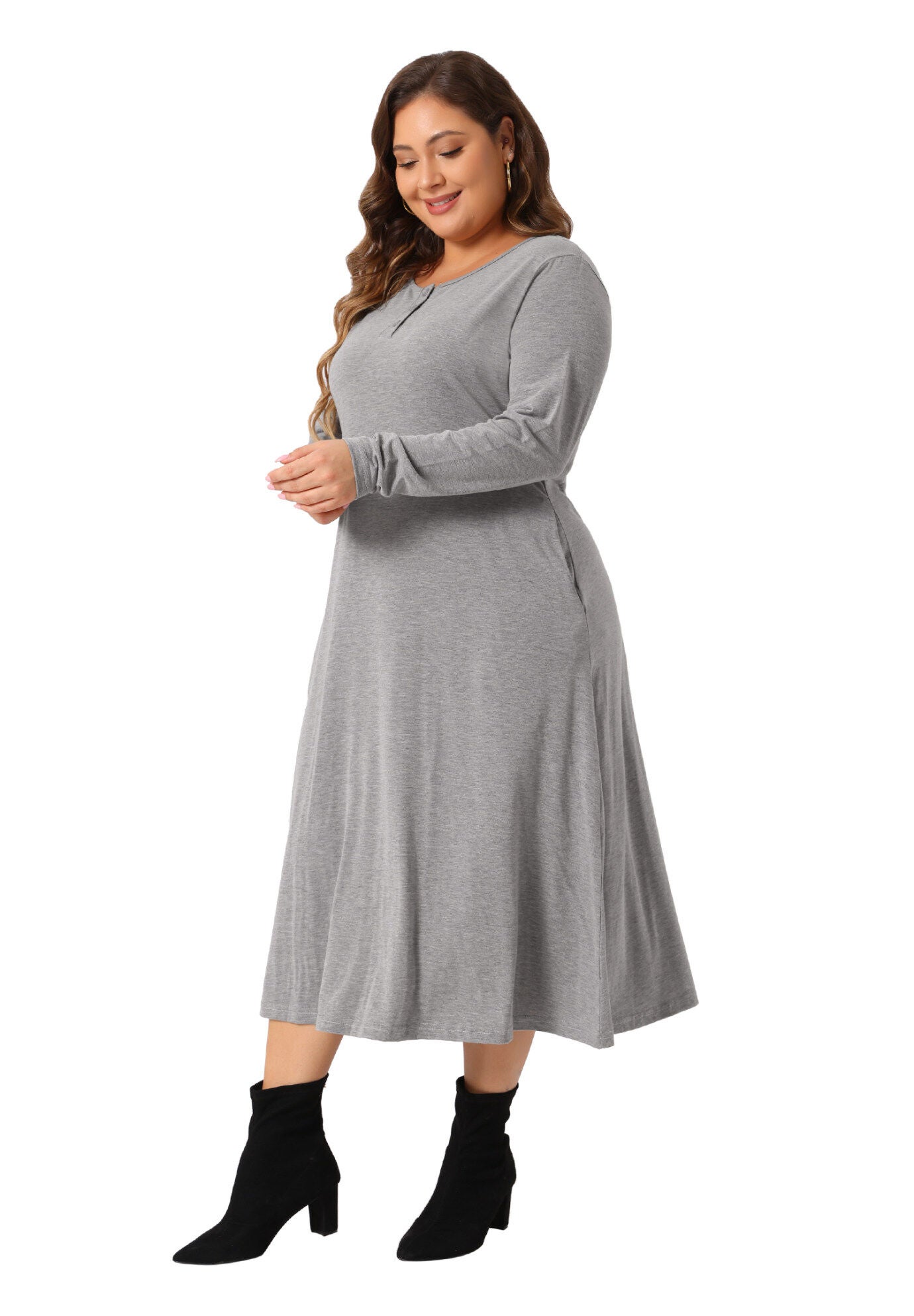 Crew Neck Long Sleeve T-Shirt Dress with Pockets, Gray / Light Grey, hi-res image number 0