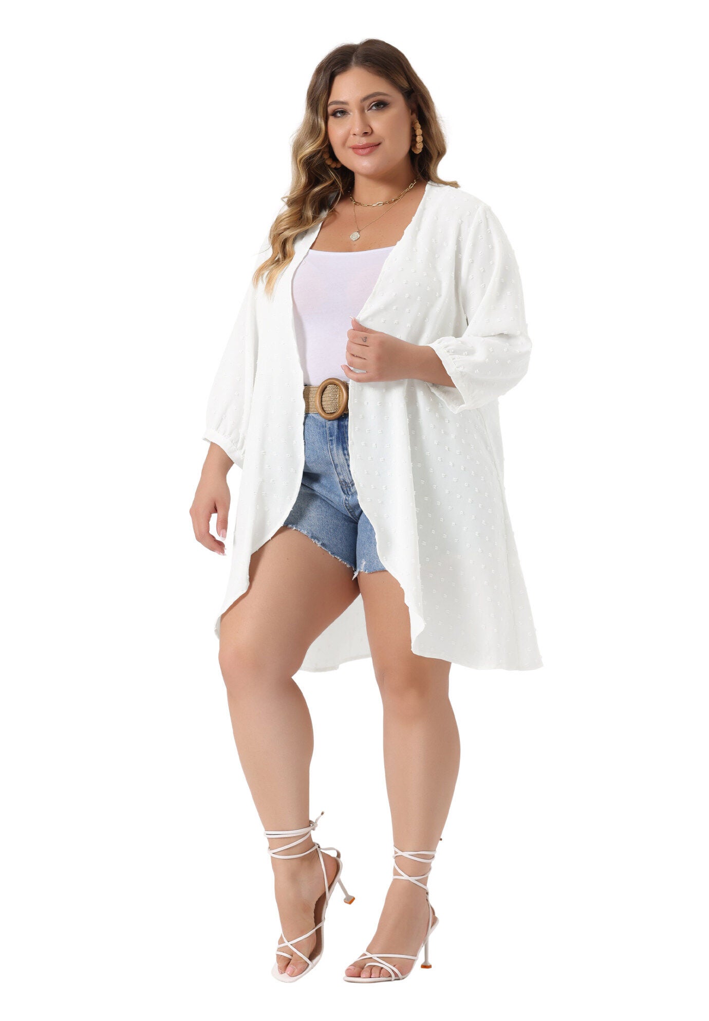 OPEN FRONT 3/4 SLEEVE SWISS DOTS LIGHTWEIGHT COVER UP CARDIGAN, White / White, hi-res image number 0