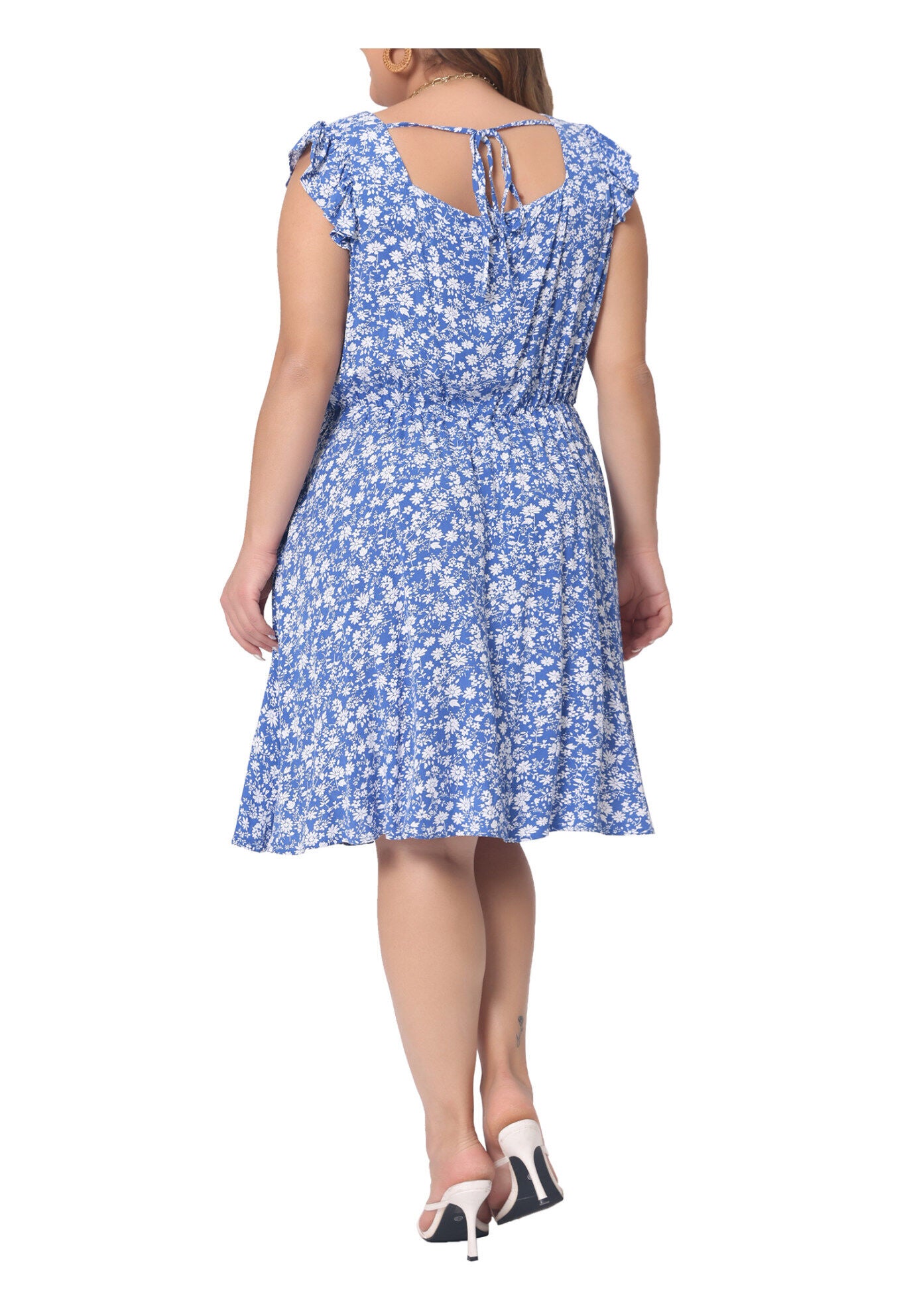 Summer Square Neck Ruffle Short Sleeve Midi Dress, Blue / Cornflower Blue, alternate image number 2